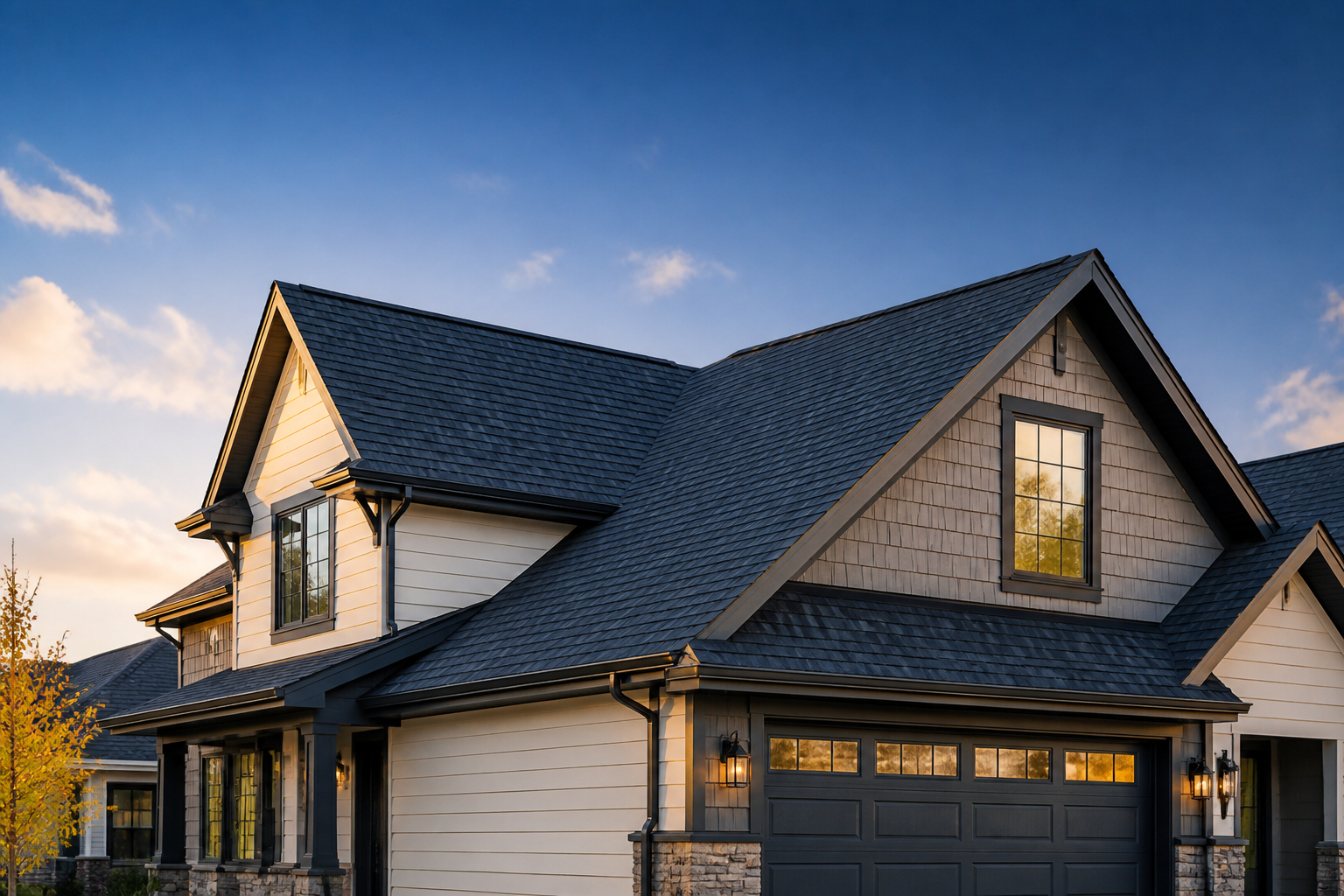 Roofing professional inspecting a residential roof